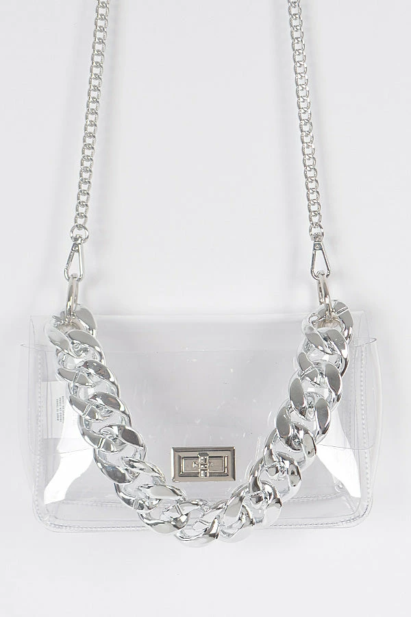Head Over Heels: All In One Boutique Accessories Clear Chain Clutch-Silver