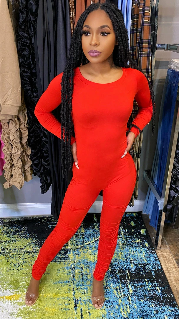 Head Over Heels: All In One Boutique Ruched Jumper- Red