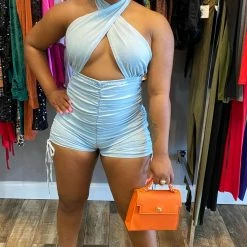 Head Over Heels: All In One Boutique Twisted Denim Romper Apparel