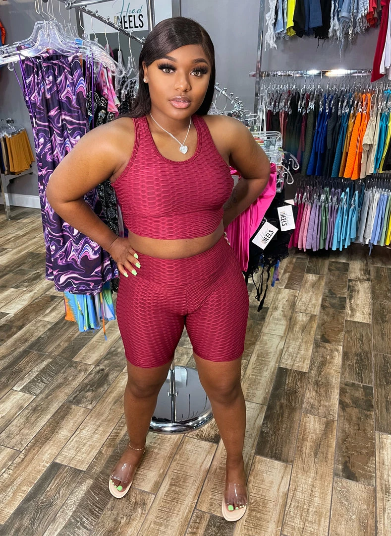 Head Over Heels: All In One Boutique Apparel Brazilian Short Set- Burgundy