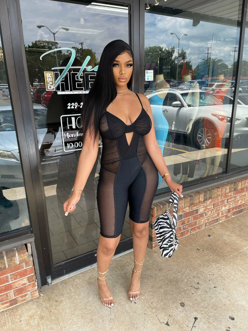 Head Over Heels: All In One Boutique Apparel Mesh On Me Romper- Black