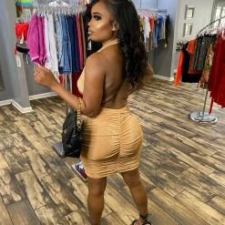 Head Over Heels: All In One Boutique Apparel Plunge Dress- Nude