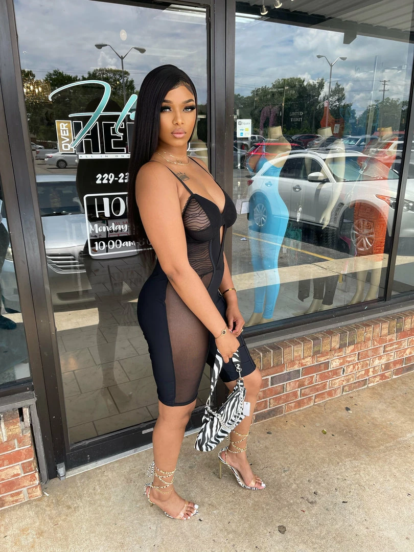 Head Over Heels: All In One Boutique Apparel Mesh On Me Romper- Black