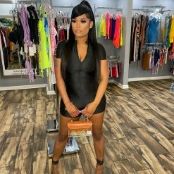 Head Over Heels: All In One Boutique Peep Romper- Black