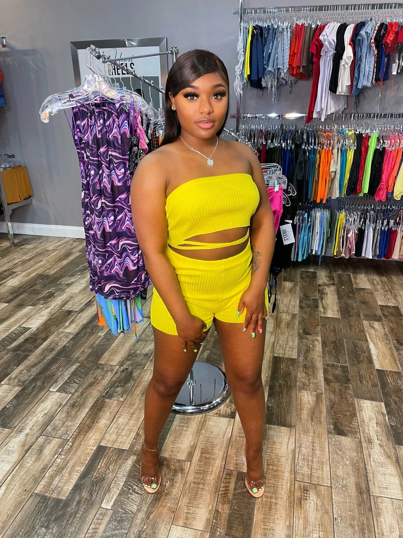 Head Over Heels: All In One Boutique Girlie Short Set- Yellow Apparel