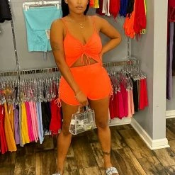 Head Over Heels: All In One Boutique Apparel Meg Romper- Neon Orange